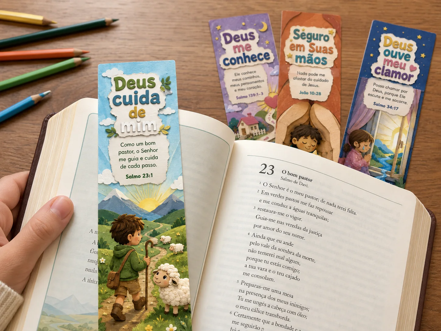 Marcadores Pequenos Discípulos sendo usados em uma Bíblia