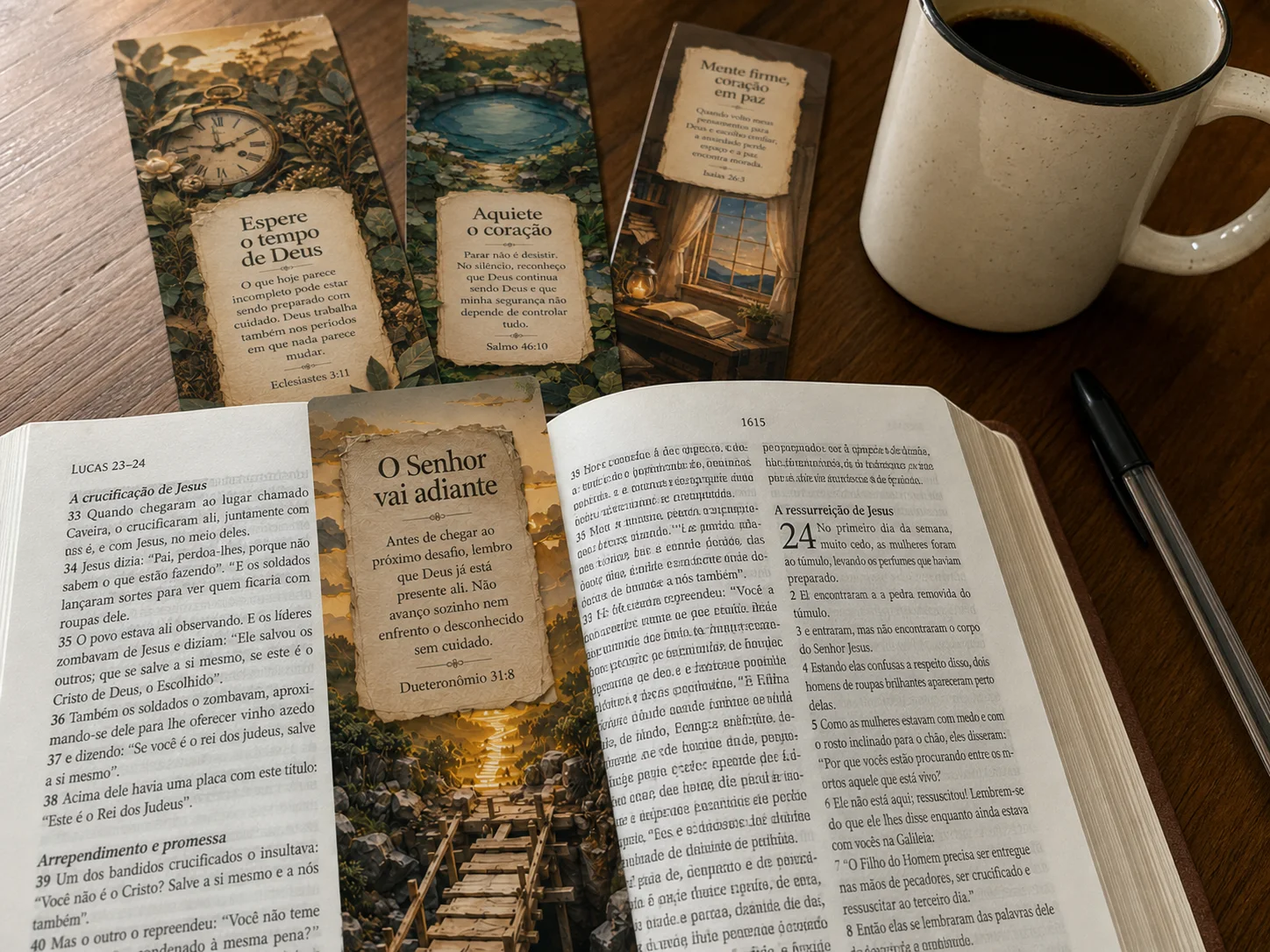 Marcador bíblico em uso durante uma leitura pela manhã
