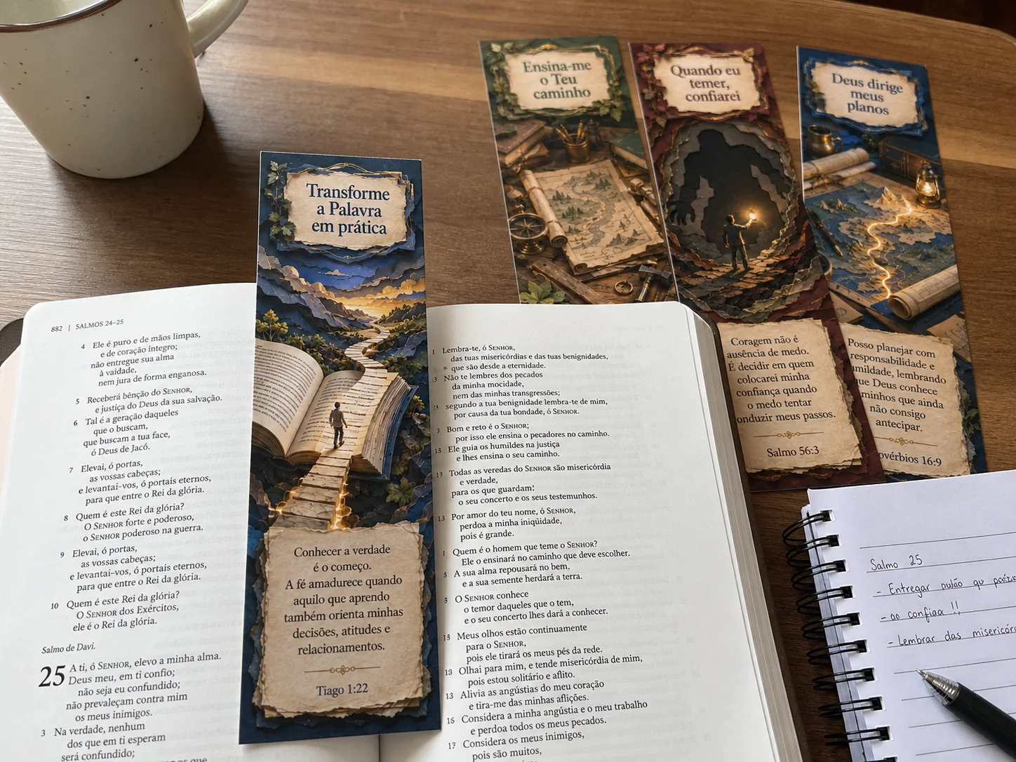 Marcador bíblico junto à Bíblia e ao caderno de estudo
