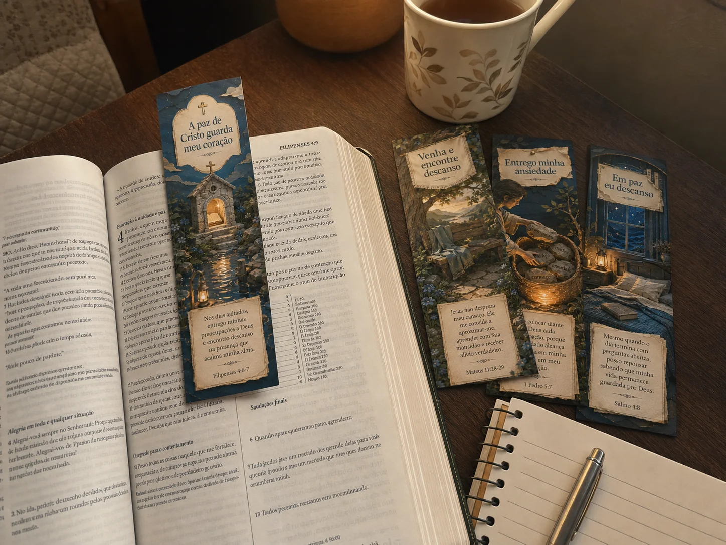 Marcador bíblico durante um devocional em casa