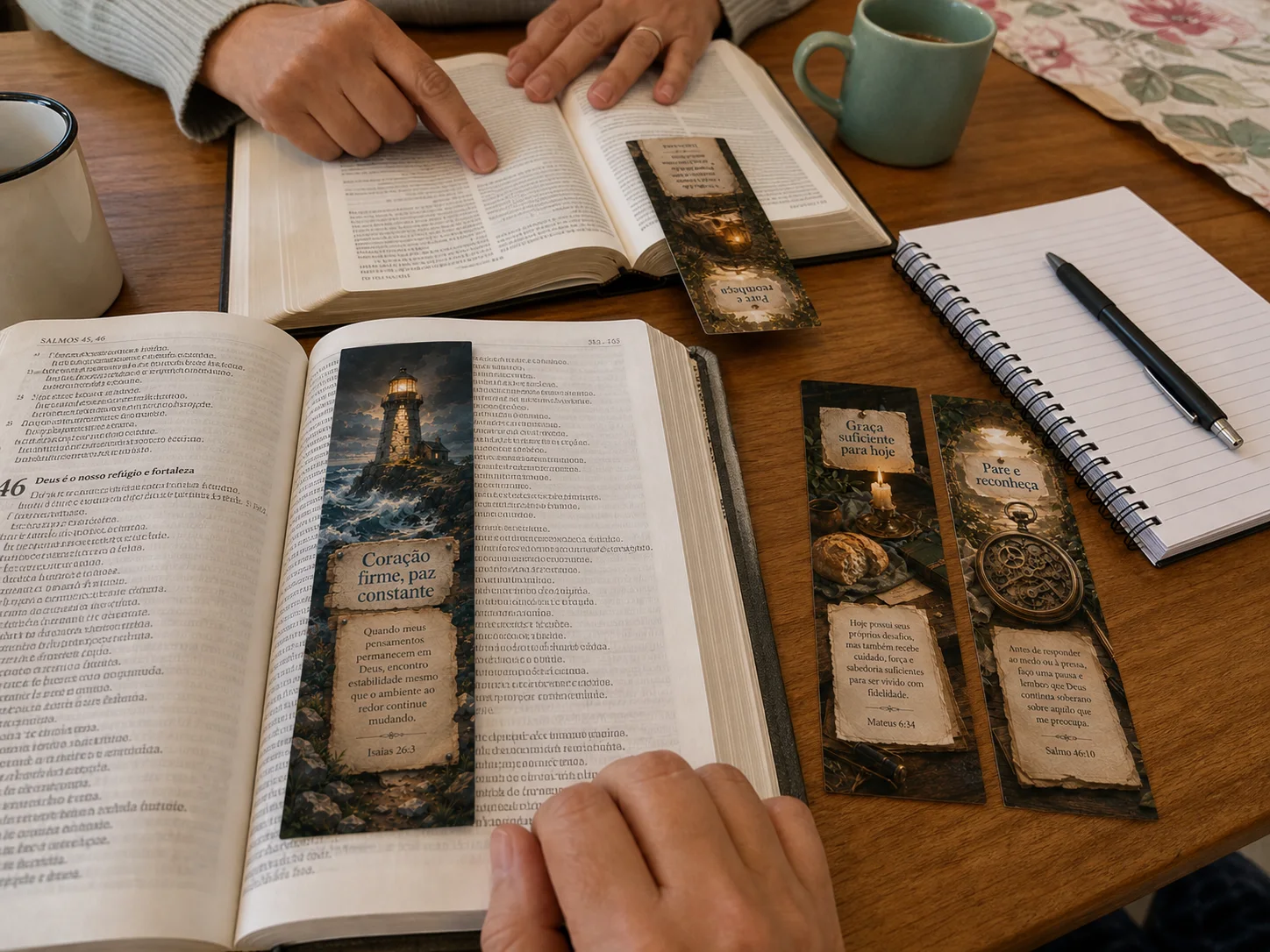 Marcadores bíblicos em um momento de leitura compartilhada